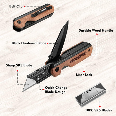 WORKPRO liner lock provides secure blade during use.