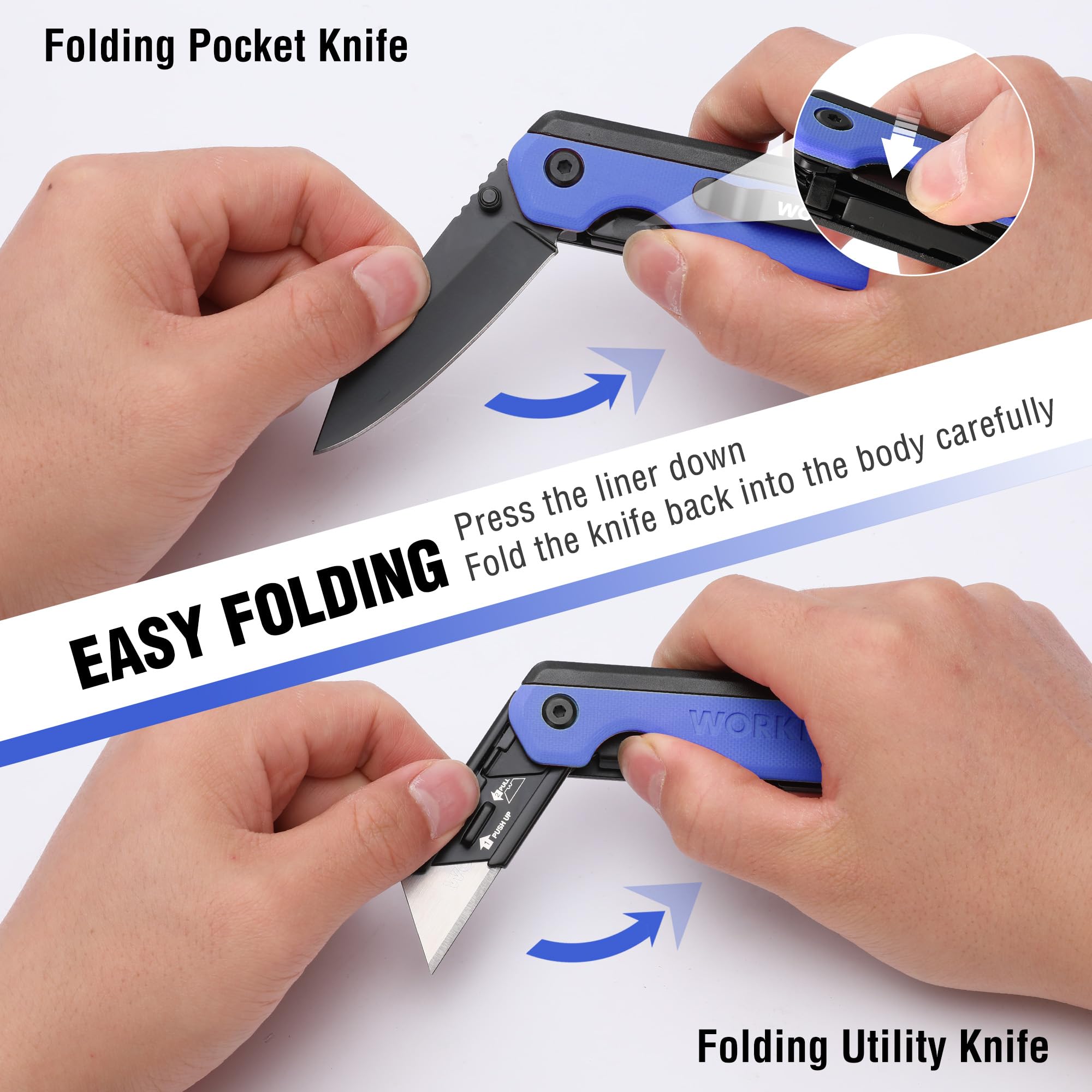 WORKPRO liner lock ensures blade stays secure during use.