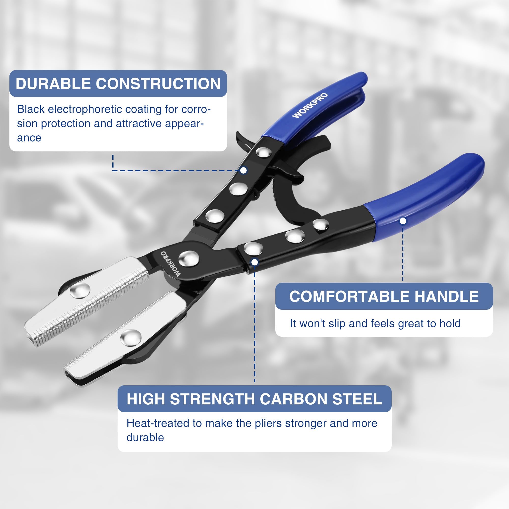 WORKPRO locking ratchet hose pliers with rotating jaws for quick, reliable clamps.