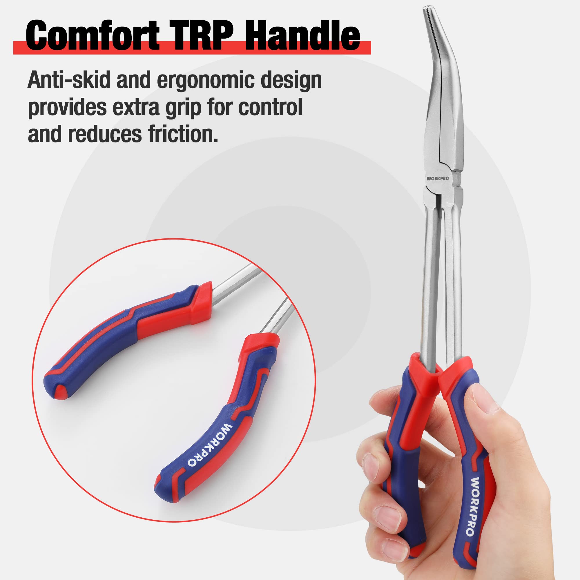 WORKPRO long reach pliers with tri-color TPR handles for comfortable grip.