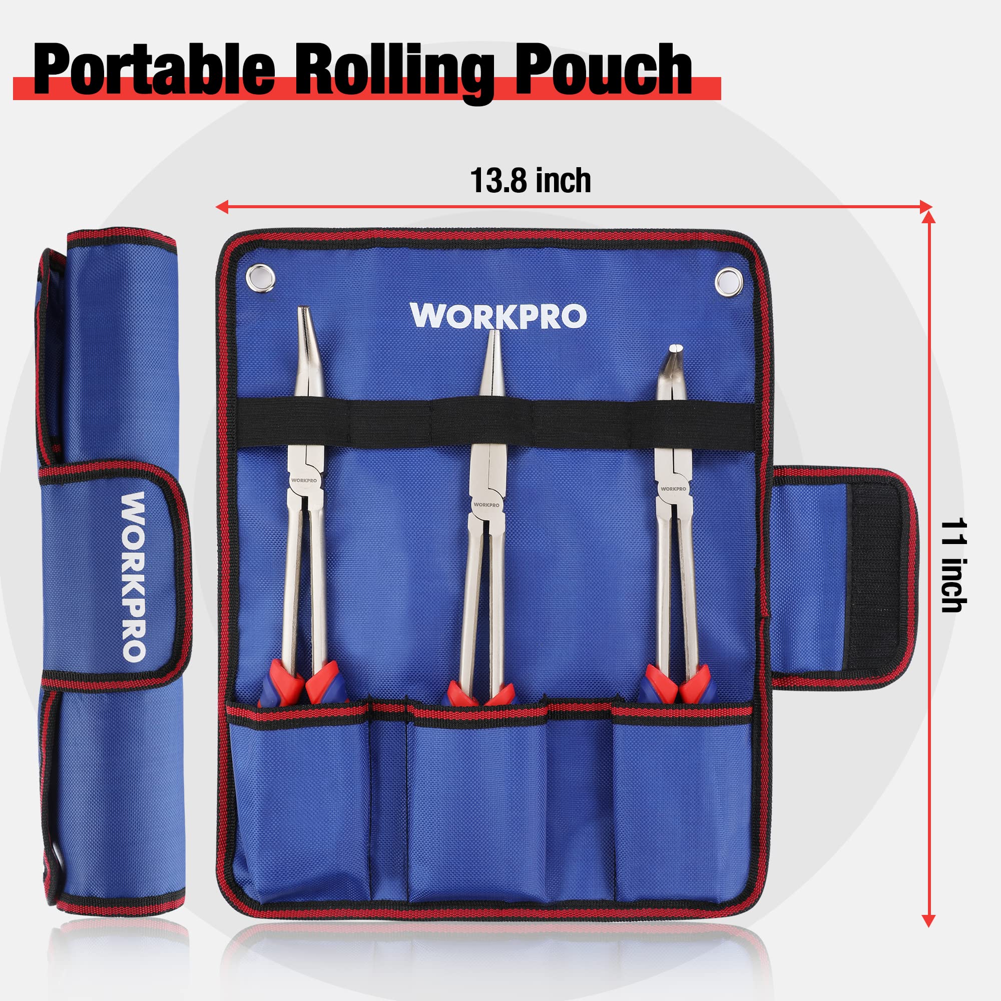 WORKPRO long reach pliers crafted from high-carbon steel with anti-rust coating.