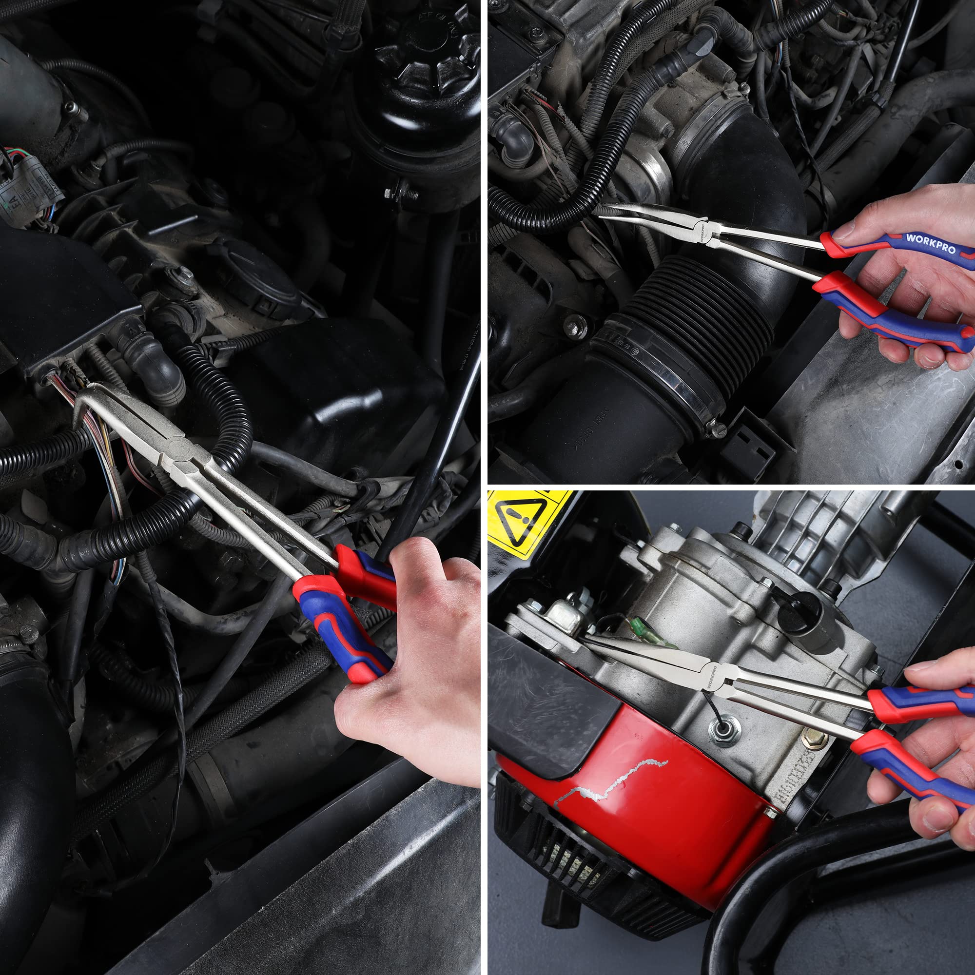 Using WORKPRO pliers in narrow space to grip tiny fasteners securely.