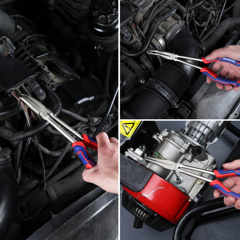 Using WORKPRO pliers in narrow space to grip tiny fasteners securely.