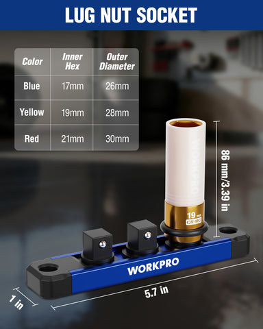 WORKPRO lug nut socket 19mm deep with color-coded coating