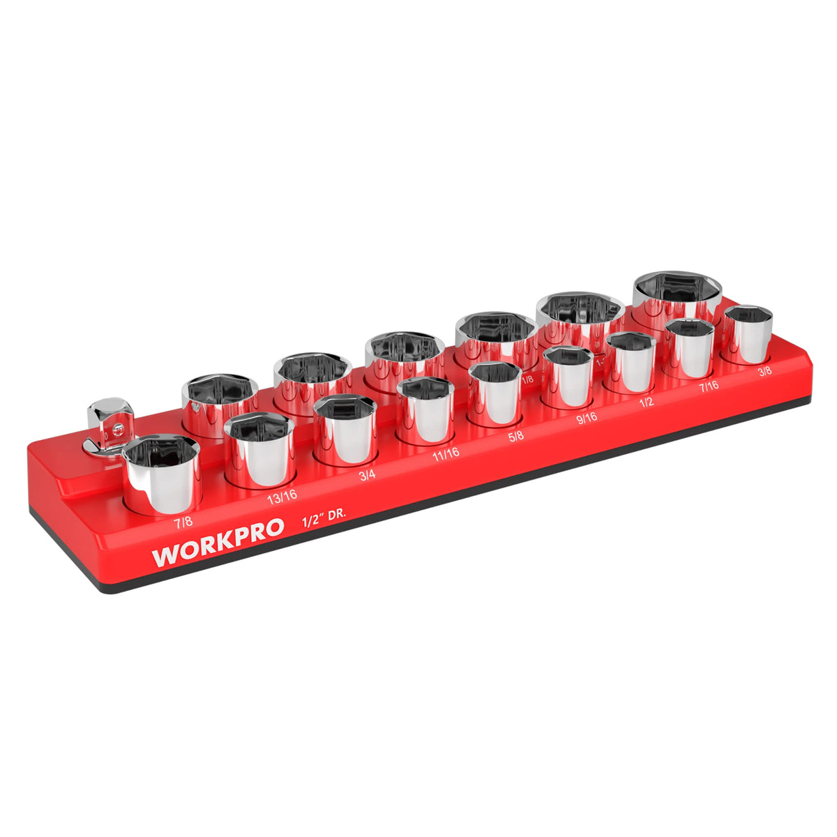 WORKPRO magnetic socket organizer top view keeps SAE sockets neatly organized and accessible.
