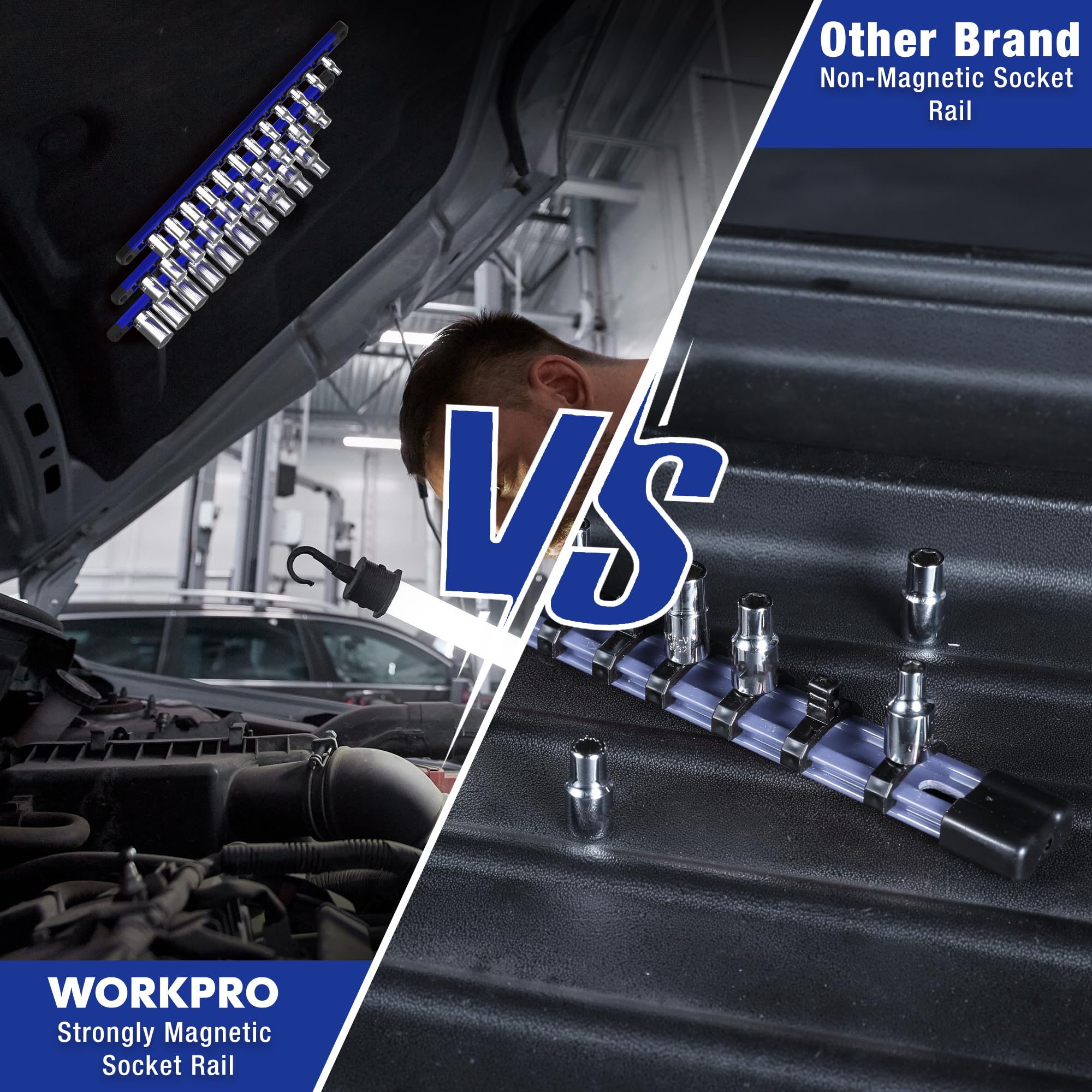 WORKPRO 1/2-inch rail keeps heavy sockets organized for quick access