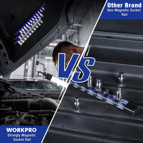 WORKPRO 1/2-inch rail keeps heavy sockets organized for quick access