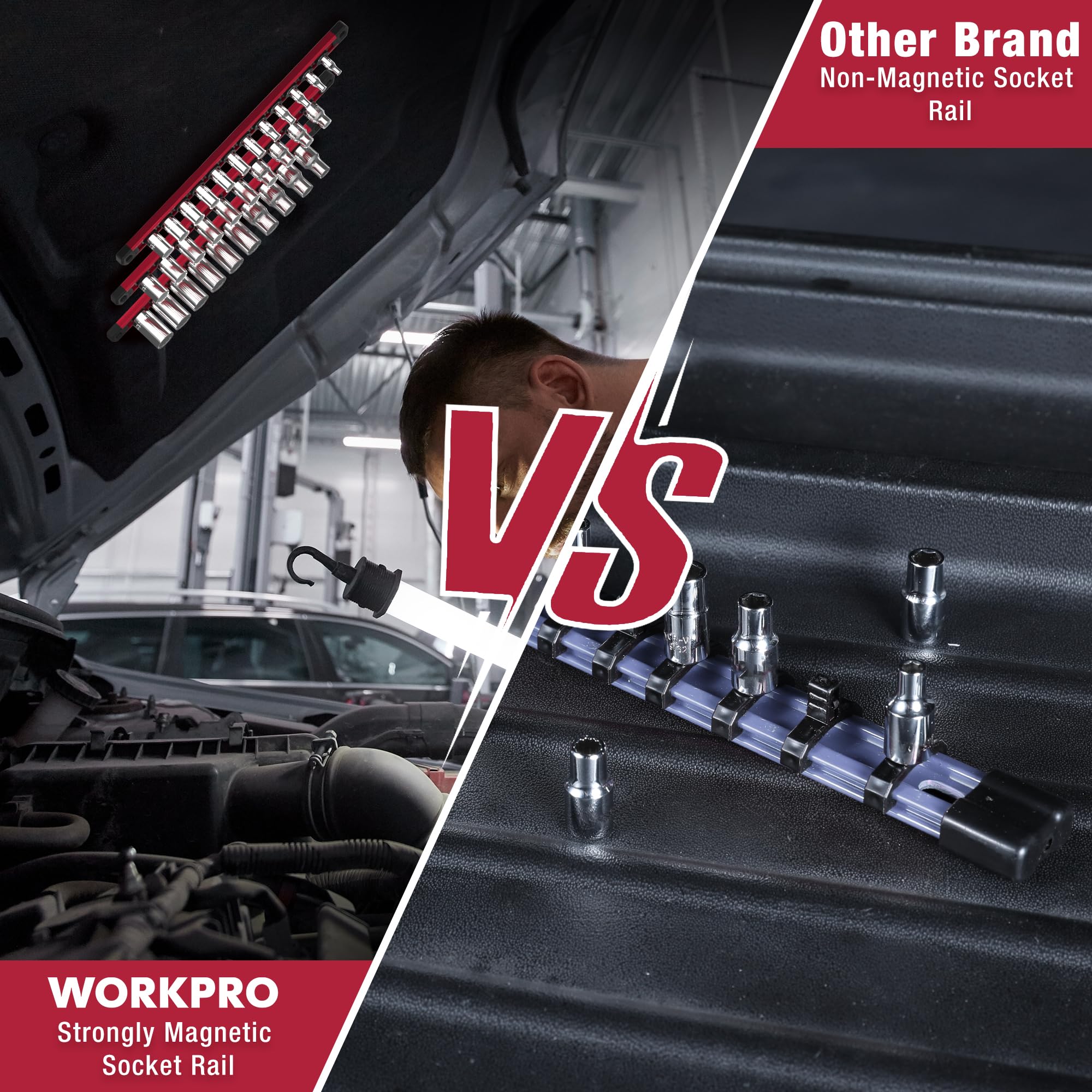 WORKPRO magnetic socket rail featuring 1-2 inch clip for easy access to sockets.