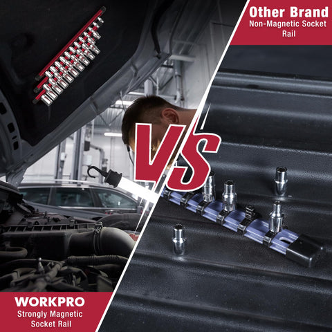 WORKPRO magnetic socket rail featuring 1-2 inch clip for easy access to sockets.