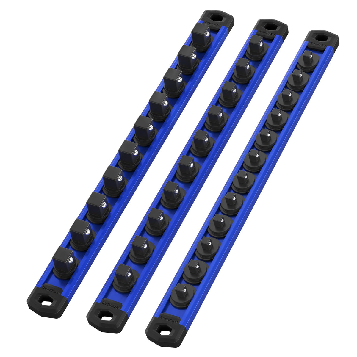 WORKPRO magnetic socket rail holds 1/4-inch sockets securely on a blue aluminum rail