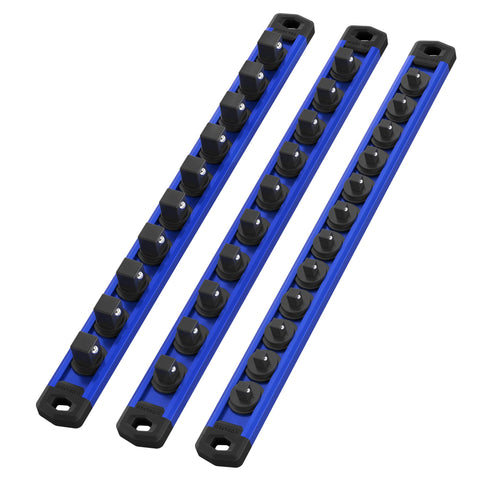 WORKPRO magnetic socket rail holds 1/4-inch sockets securely on a blue aluminum rail
