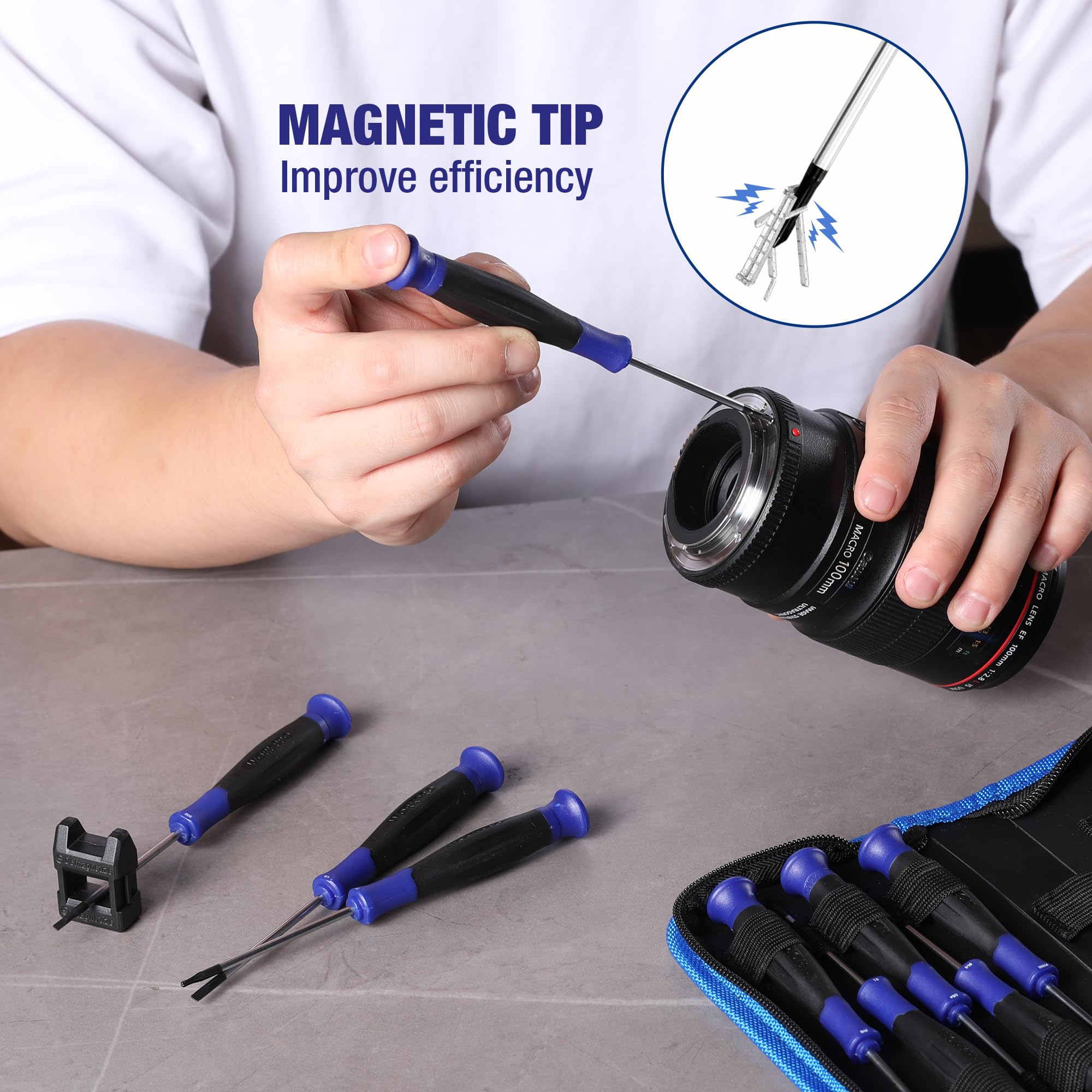 WORKPRO magnetic tips securely hold fasteners during delicate small-screw jobs.