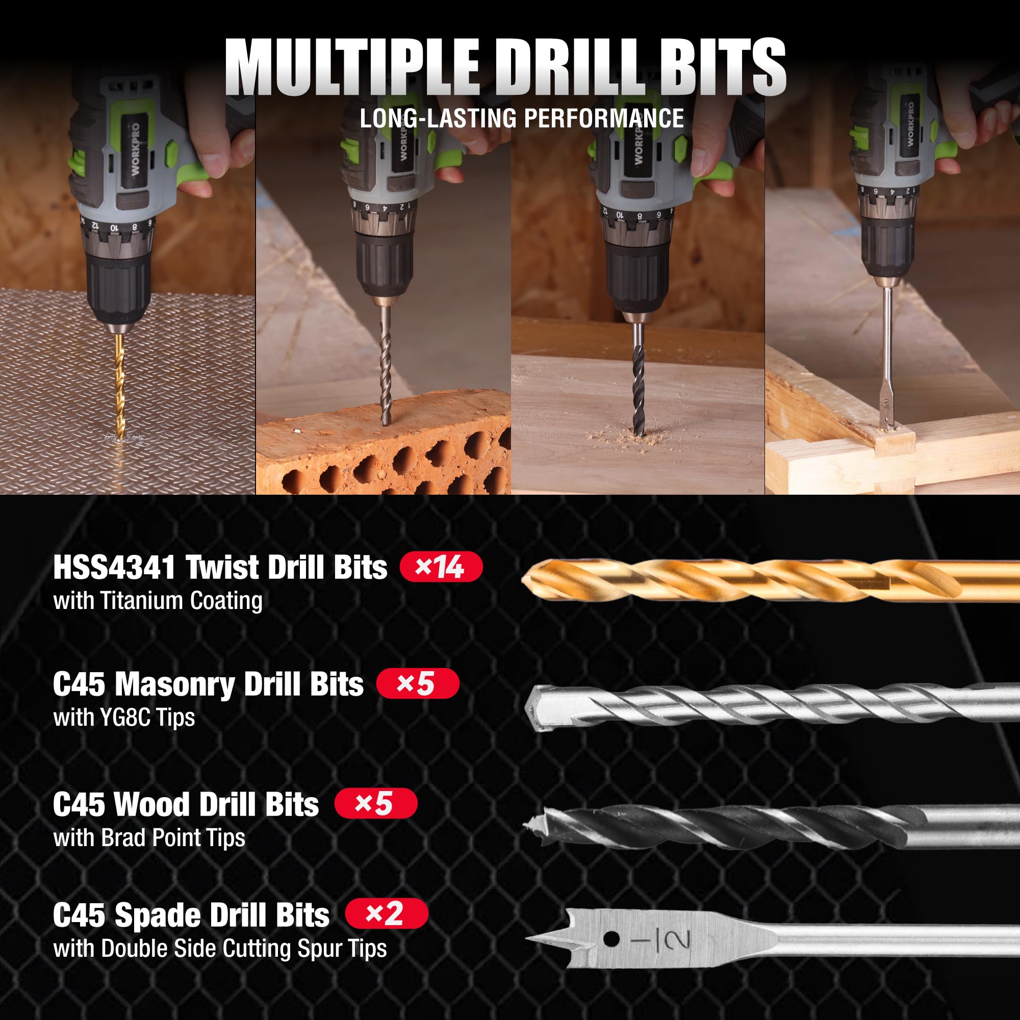 WorkPRO masonry drill bits with tungsten carbide tips for tough surfaces.