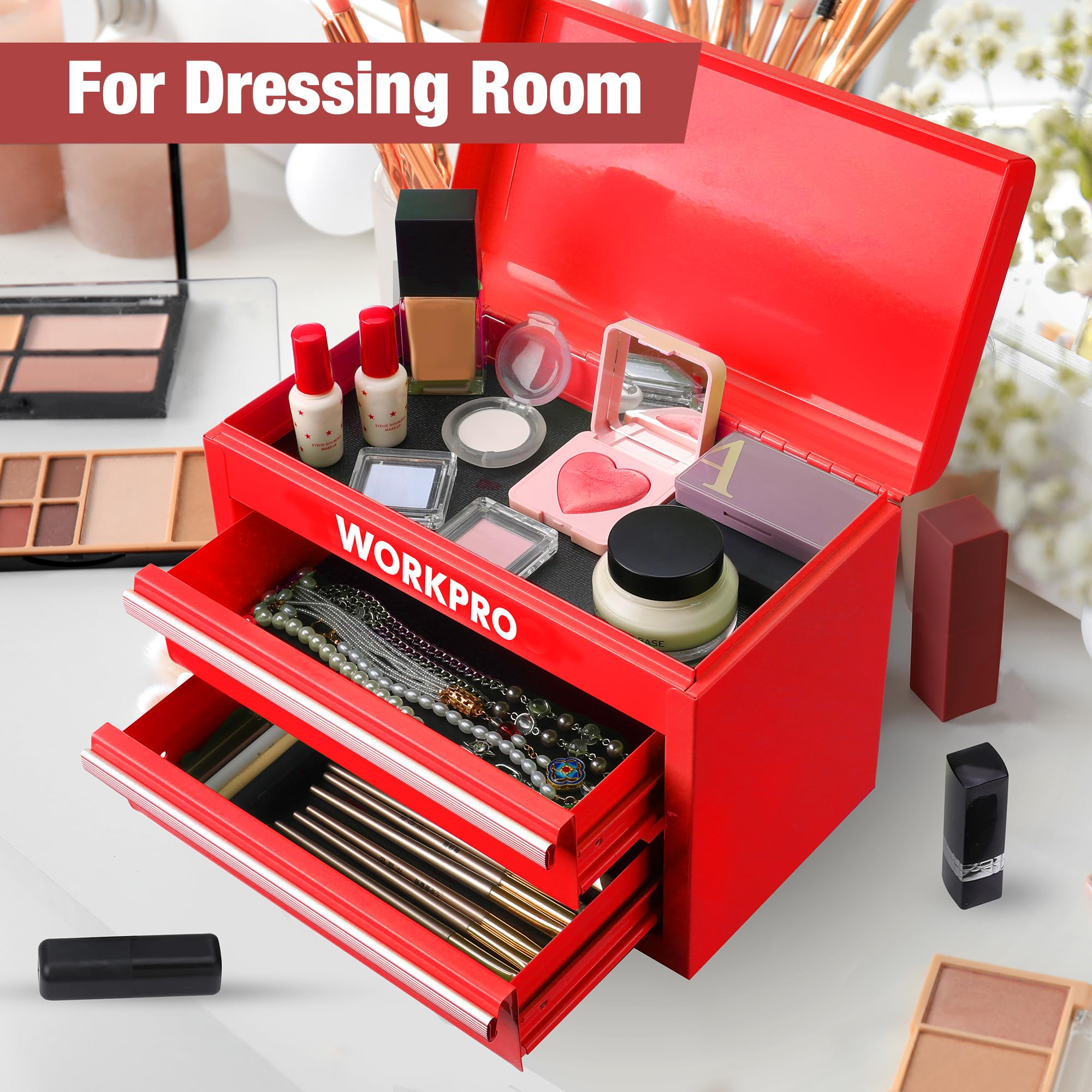 WORKPRO metal toolbox showcased in a home workshop setup