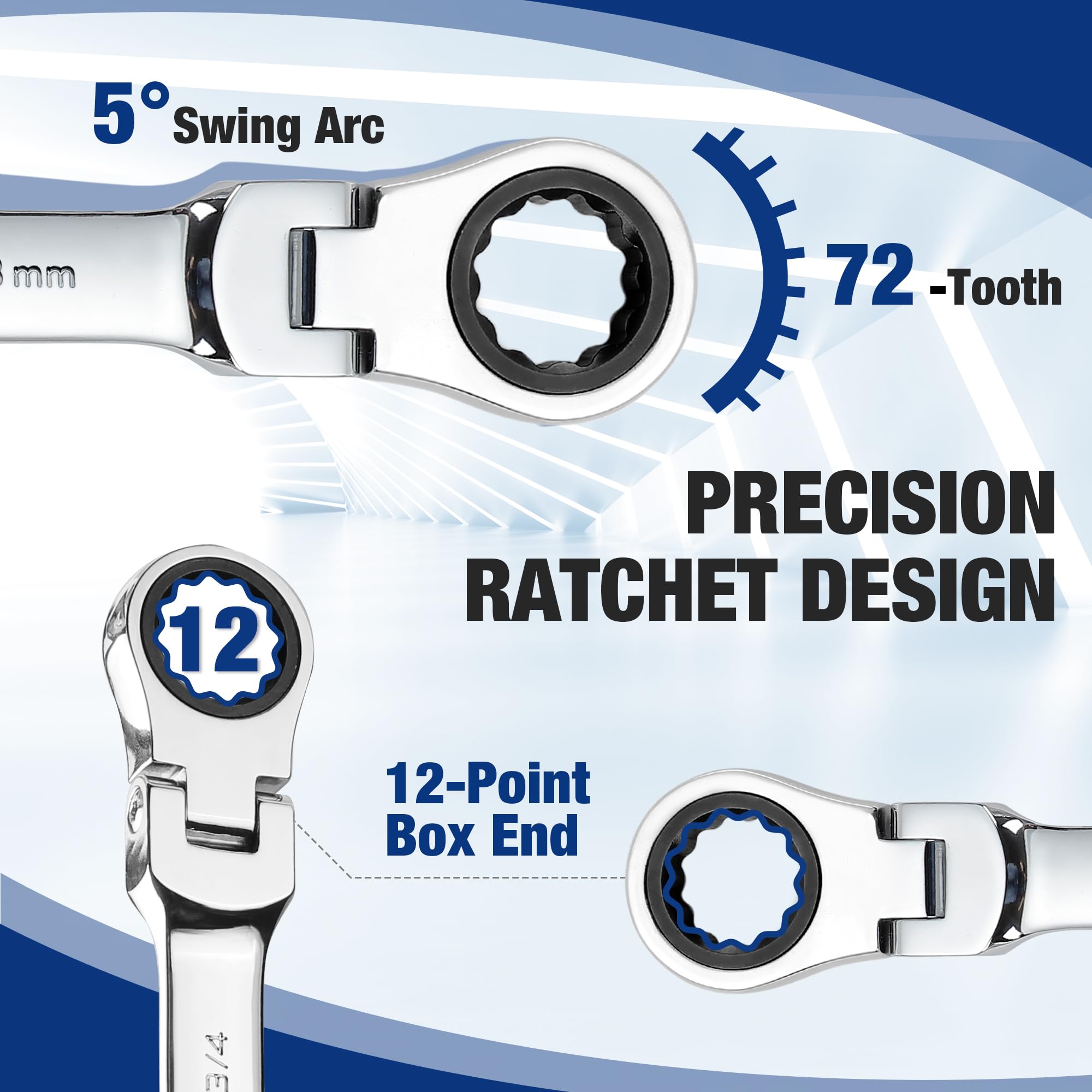 WORKPRO metric and SAE wrenches cover 6mm–18mm and 1/4–3/4 inch.