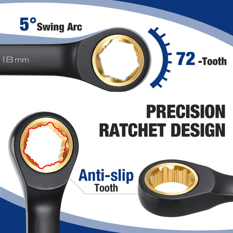Metric and SAE sizes span 6 mm to 18 mm and 1/4 to 3/4 in for versatility.