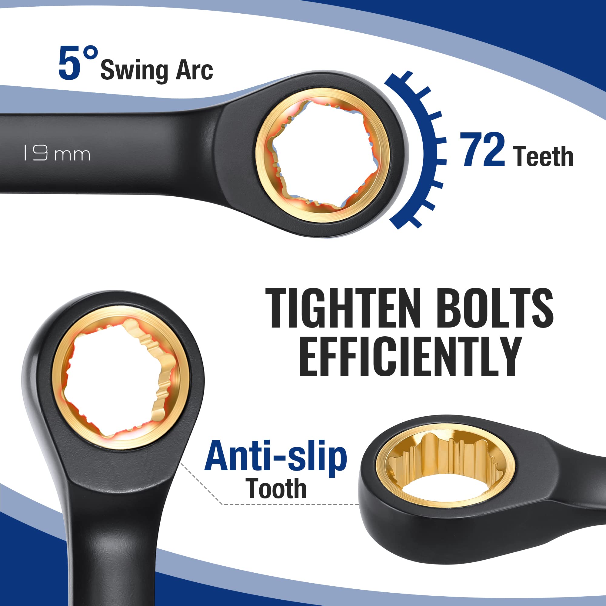 WORKPRO metric sizes 8–19 mm engraved on wrenches for quick size ID.