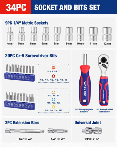 WORKPRO metric sockets 4mm–12mm for common fasteners