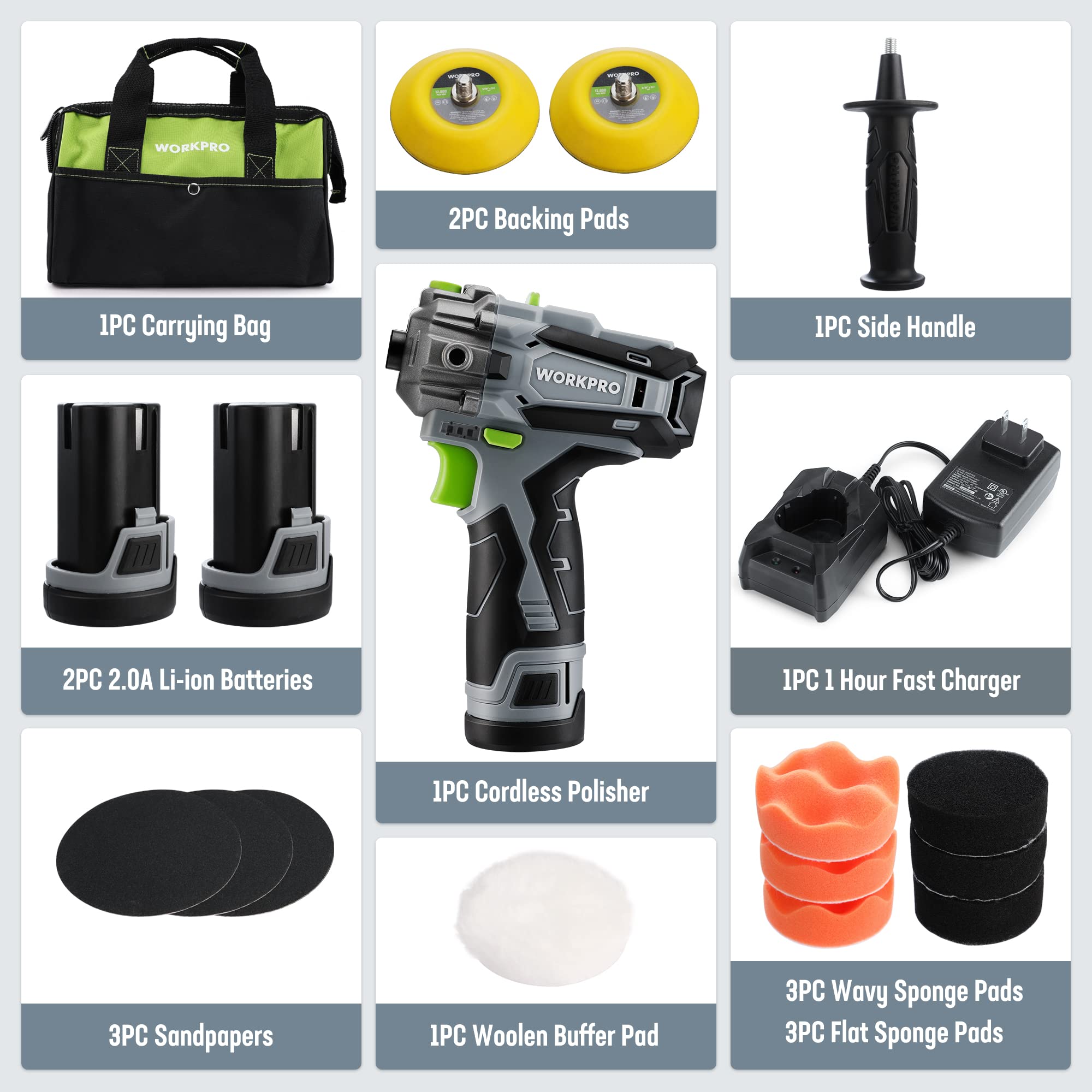 WORKPRO mini buffer polisher side handle enables precise control.