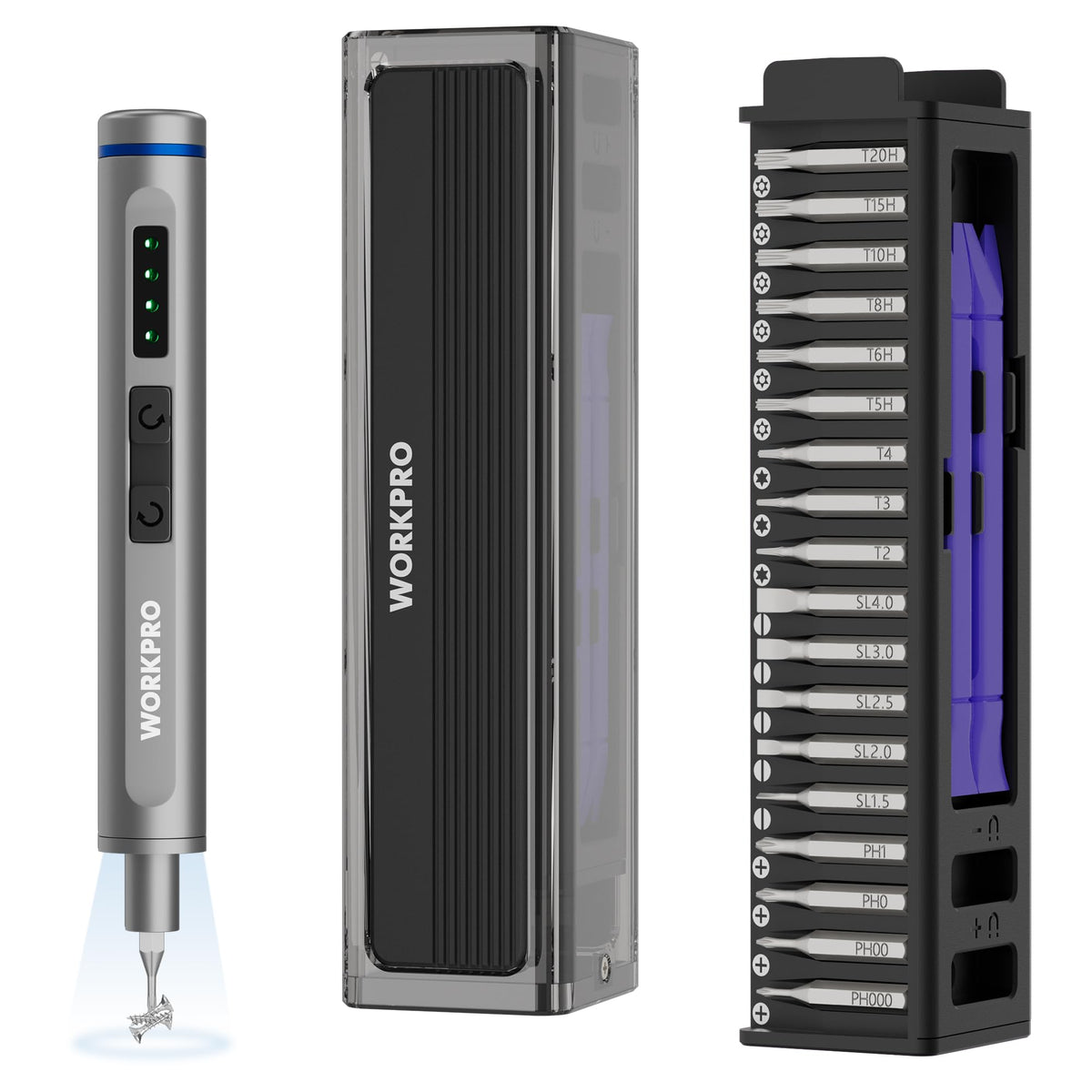WORKPRO mini electric screwdriver with magnetizer for secure screws in tight spaces.
