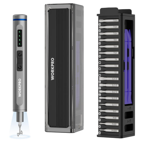 WORKPRO mini electric screwdriver with magnetizer for secure screws in tight spaces.