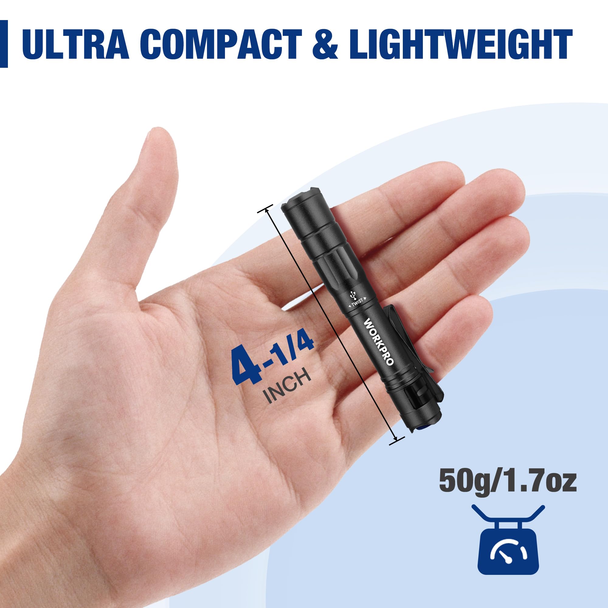 WORKPRO mini flashlight clipped for hands-free access
