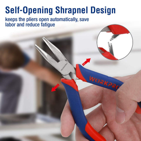 WORKPRO mini long nose pliers reaching tight spots in electronics