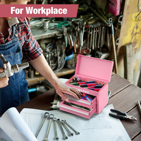WORKPRO toolbox shows magnetic catches keeping drawers secure during use