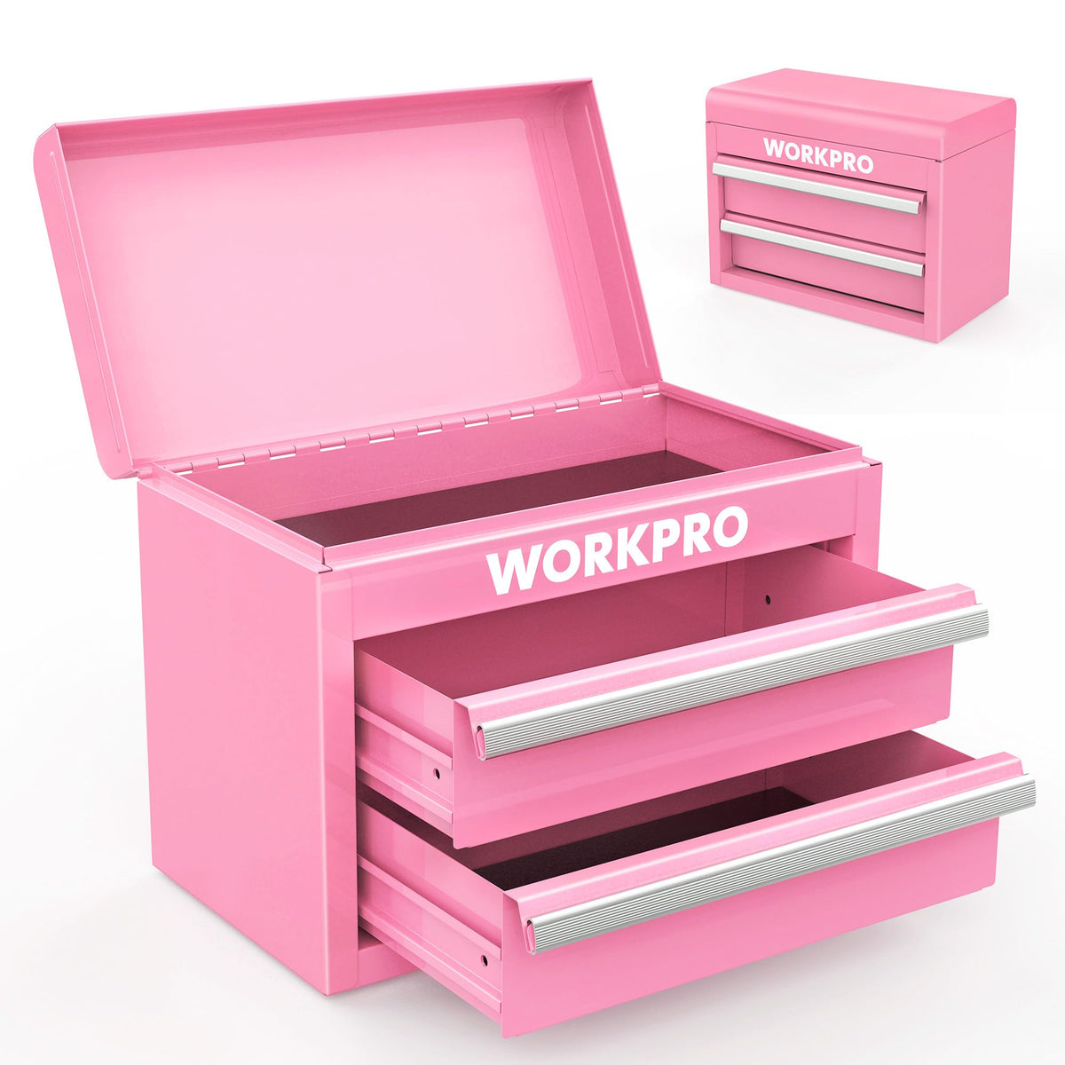 WORKPRO mini metal toolbox with two drawers and top storage, ideal for organized small parts