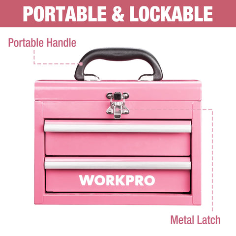 WORKPRO tool box features ball-bearing slides for smooth drawer action.