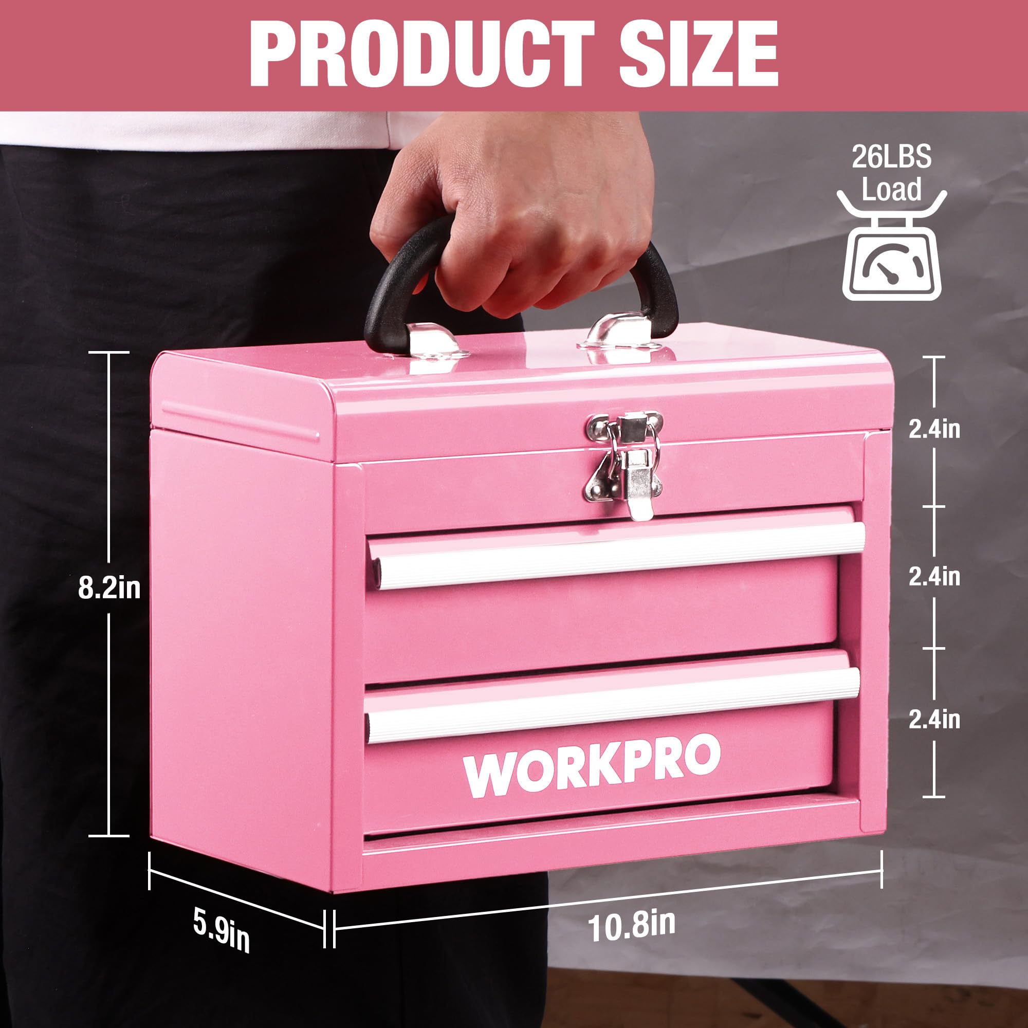 WORKPRO mini tool box with two drawers opened to reveal organized storage.