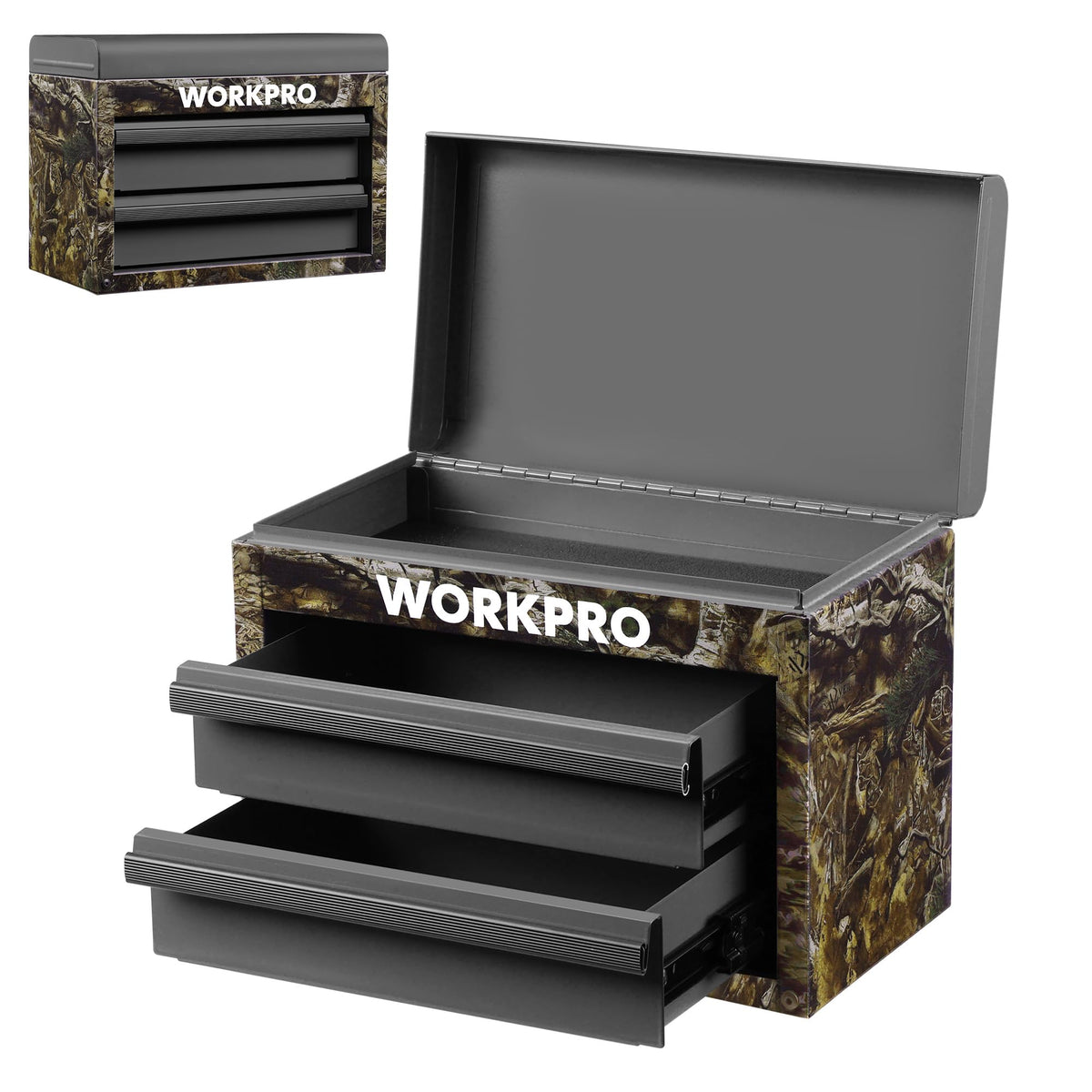 WORKPRO mini toolbox camouflage top compartment keeps small parts organized at a glance.