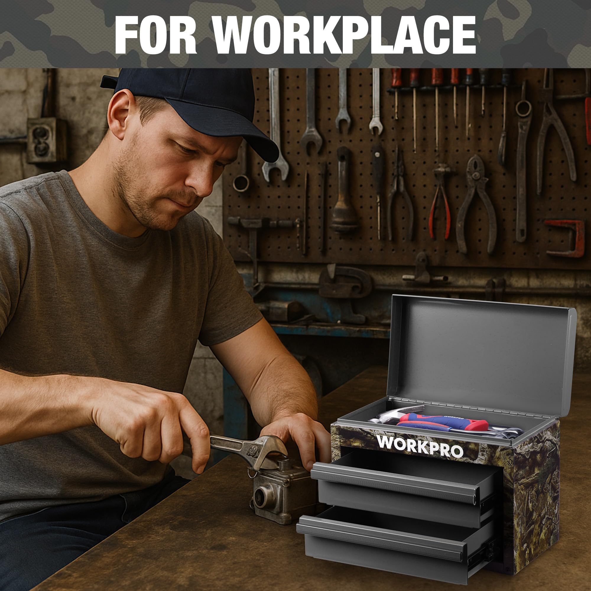 WORKPRO two-drawer toolbox fits in small spaces for home, shop, or office.