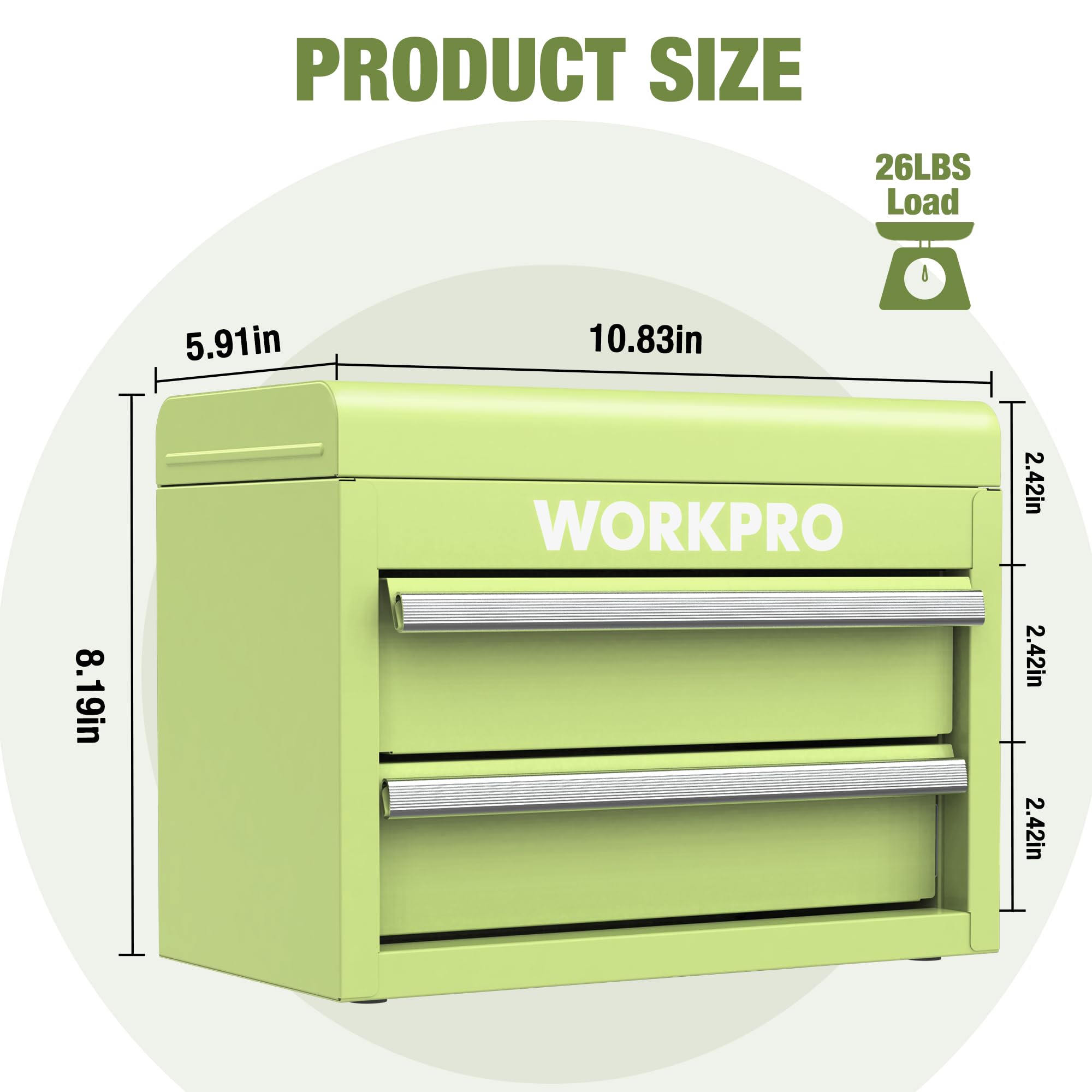 WORKPRO mini toolbox magnetic catch keeps drawers secure during transport.