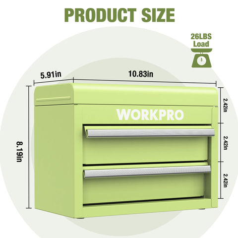 WORKPRO mini toolbox magnetic catch keeps drawers secure during transport.