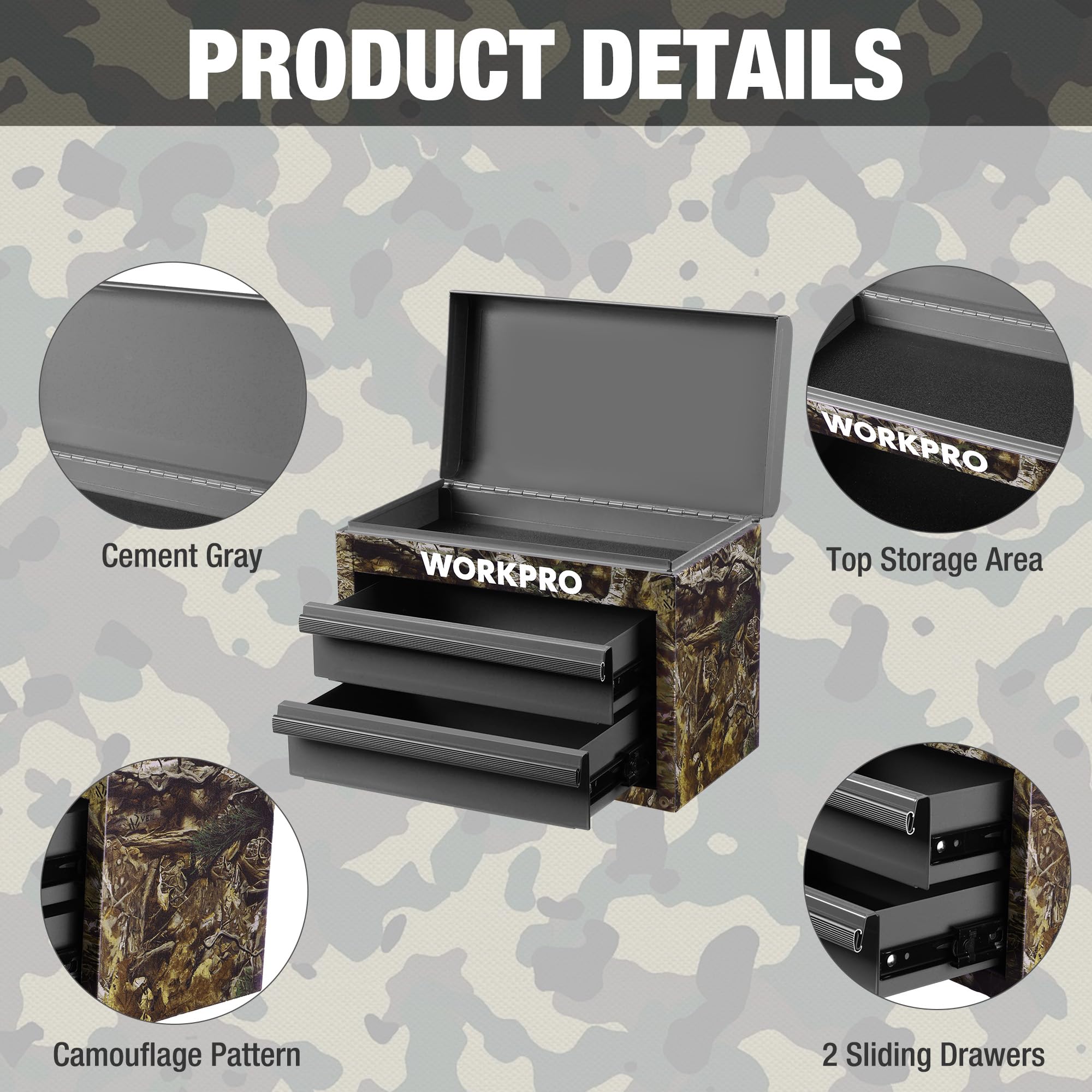 WORKPRO camouflage tool chest with top and drawers supports steady storage.