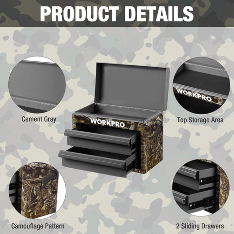 WORKPRO camouflage tool chest with top and drawers supports steady storage.