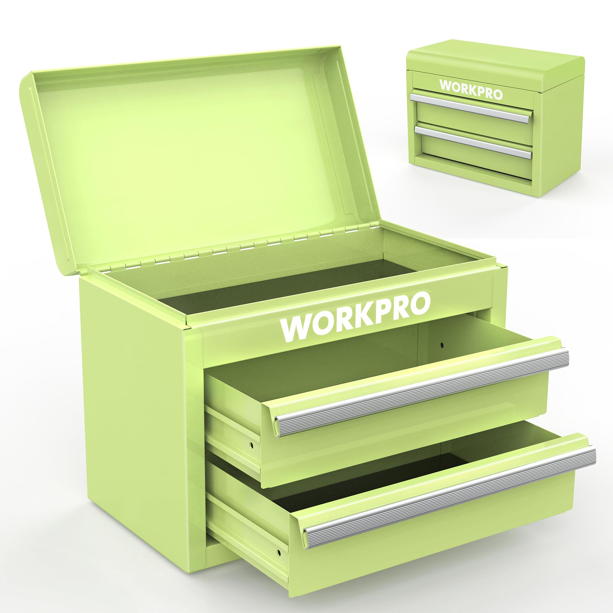 WORKPRO mini toolbox with top storage for quick access to small parts.