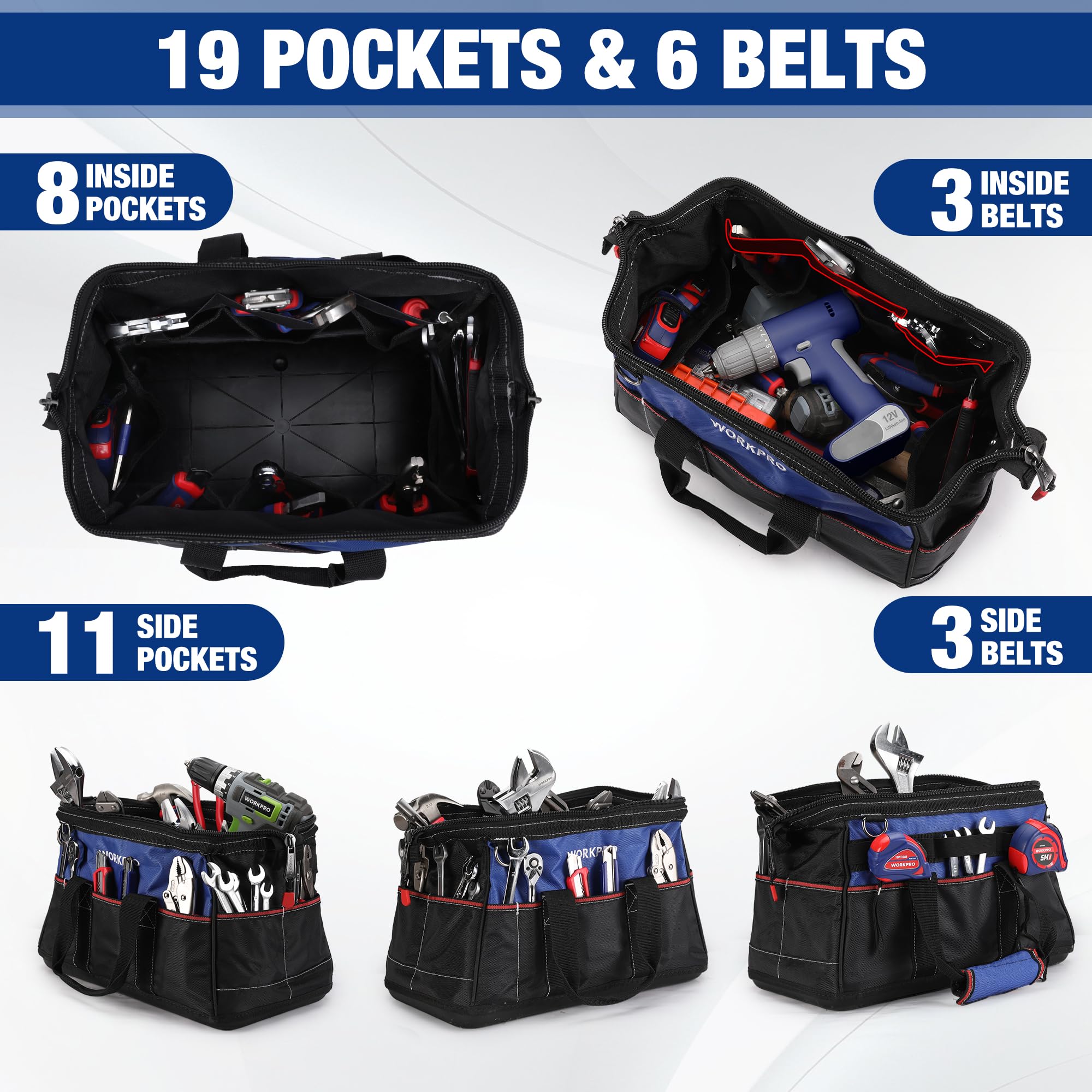 Multiple pockets and belts inside and outside keep tools neatly arranged.