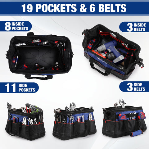 Multiple pockets and belts inside and outside keep tools neatly arranged.