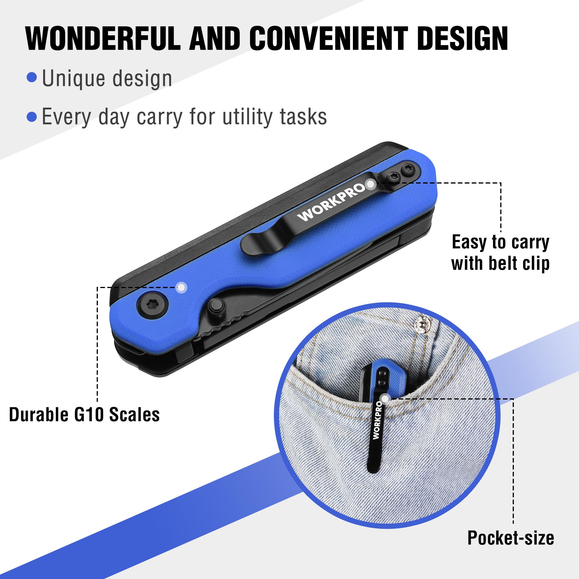 WORKPRO folding knife shown for camping and outdoor tasks.