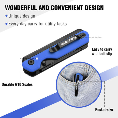 WORKPRO folding knife shown for camping and outdoor tasks.