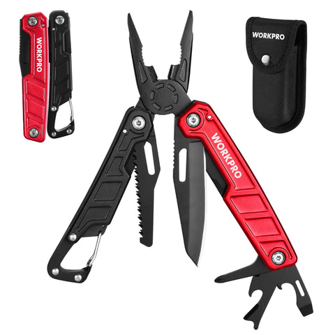 WORKPRO 11-in-1 multitool with pocket clip for secure outdoor carry.