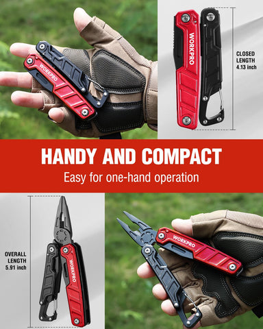 WORKPRO multitool includes bottle opener and can opener for camping.