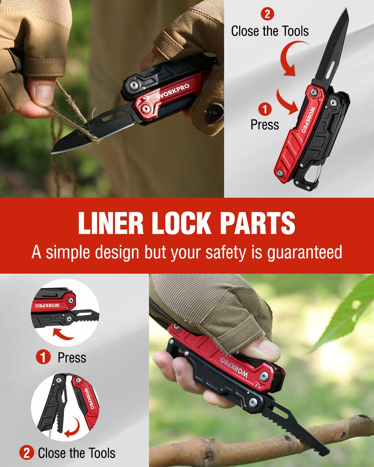 WORKPRO multitool with knife and saw blade enables on-site fixes.