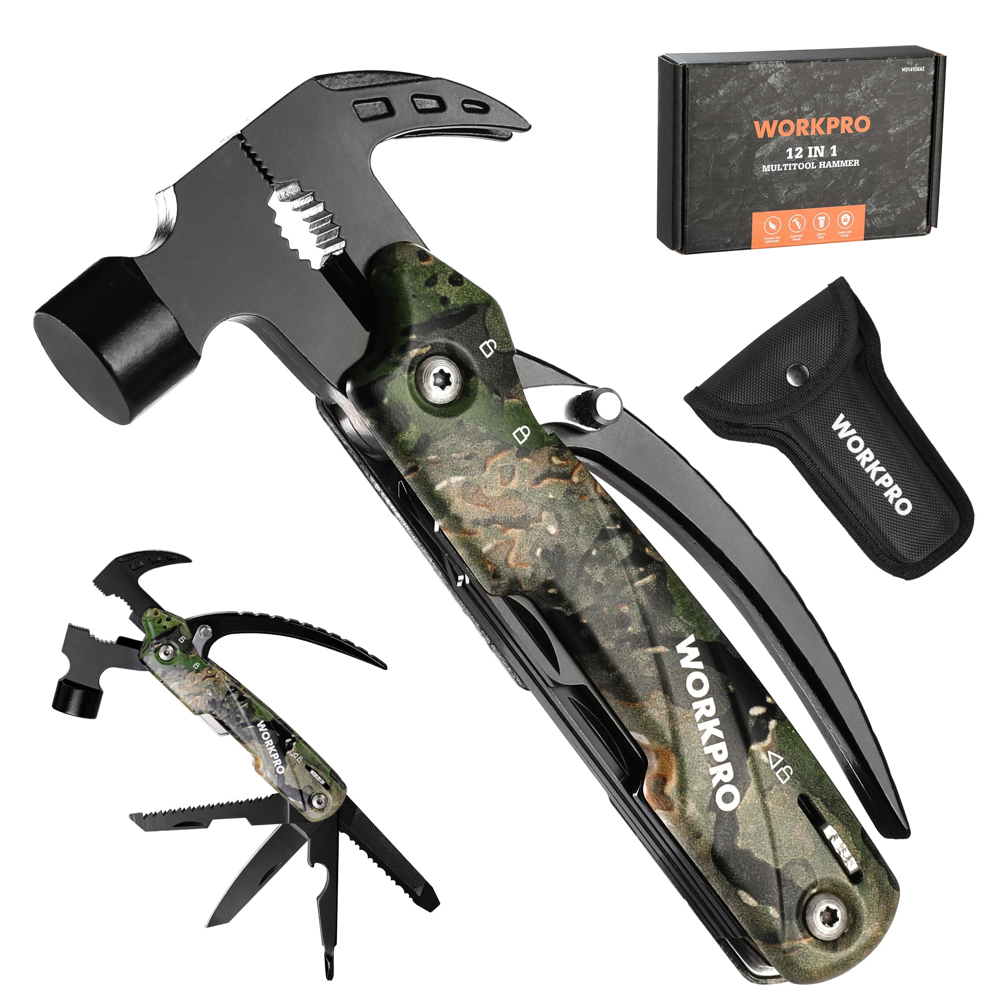 WORKPRO 12-in-1 camouflage hammer multitool, camping essential and sturdy feel