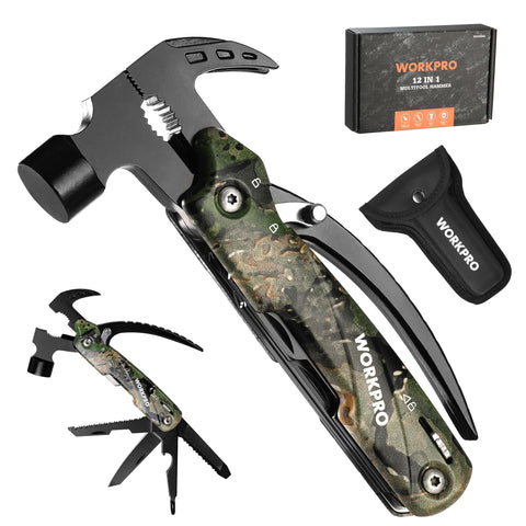 WORKPRO 12-in-1 camouflage hammer multitool, camping essential and sturdy feel