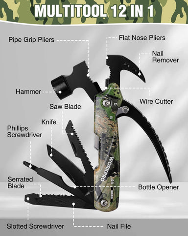WORKPRO multitool showing pliers and saw blade for outdoor tasks