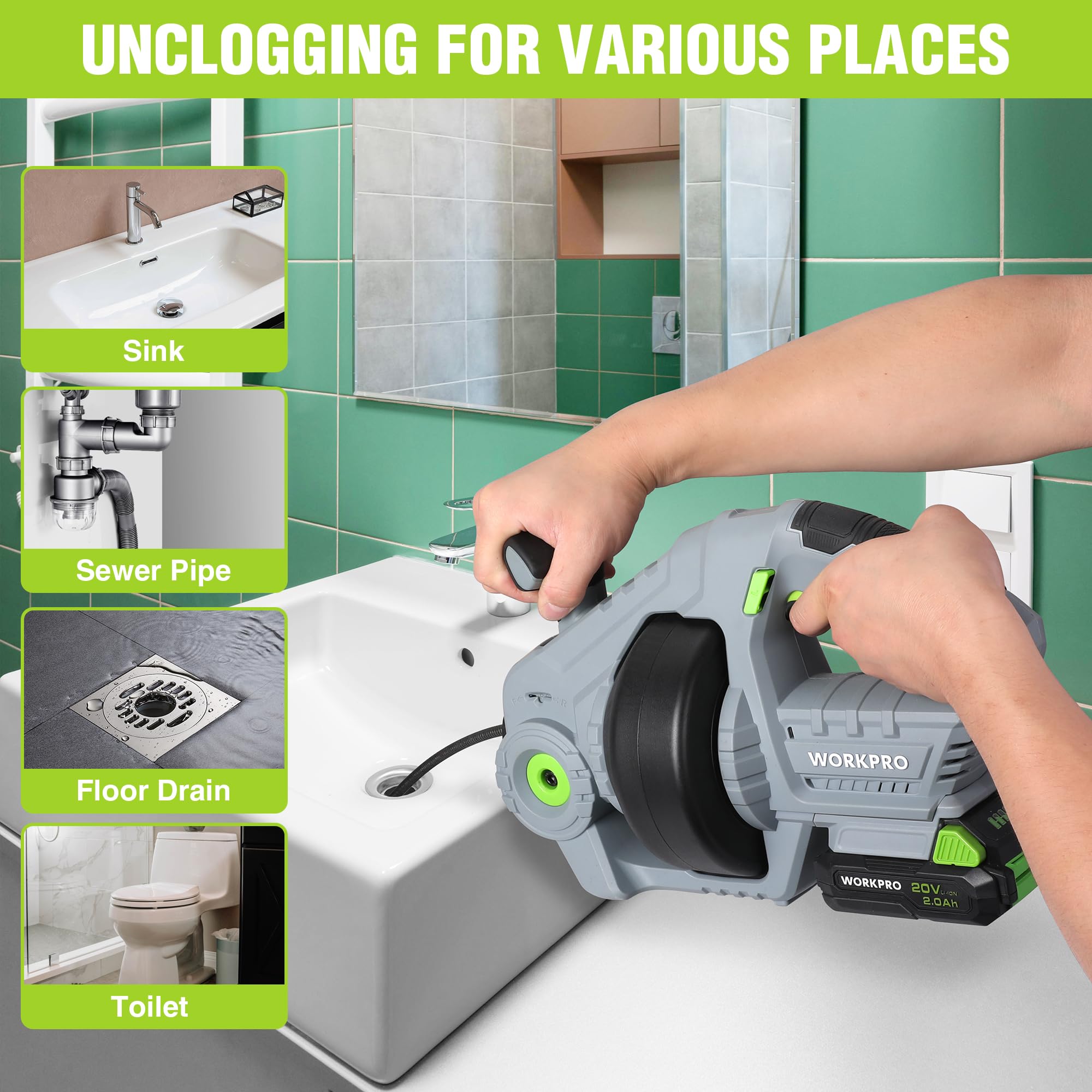 WORKPRO olive-shaped head clears stubborn clogs through L, S, and U bends.