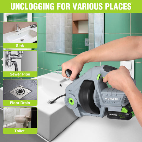 WORKPRO olive-shaped head clears stubborn clogs through L, S, and U bends.